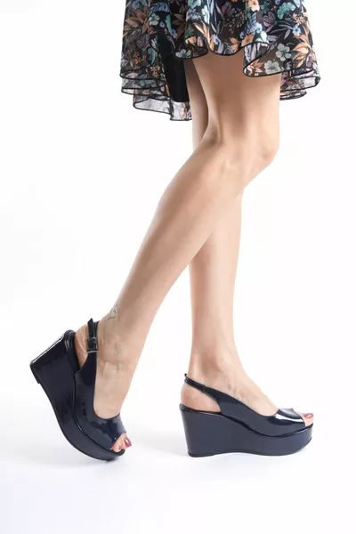 Juliet; Navy Blue Rugan, Open Toe and Back, 9 cm Padded Heels Women's Shoes