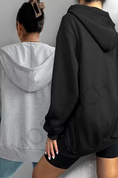 2-Piece Plain Basic Cardigan - Grey and Black Winter Oversize Hooded Cardigan with Zippered Pocket Detail