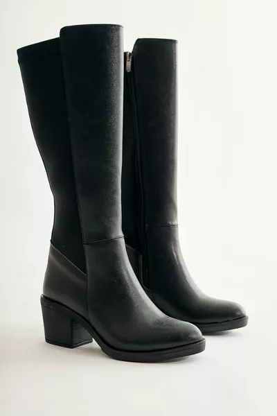 فورزا المرأة الأسود غواص النسيج سستة مرنة الركبة أحذية الكعب