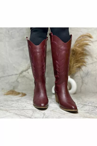 المرأة الغربية رعاة البقر المطرزة الأحذية ذات الكعب العالي-بورجوندي