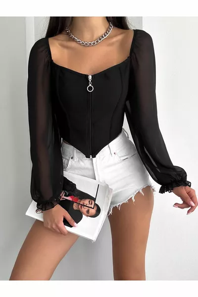 Дамска черна блуза с цифон с цип и дълъг ръкав