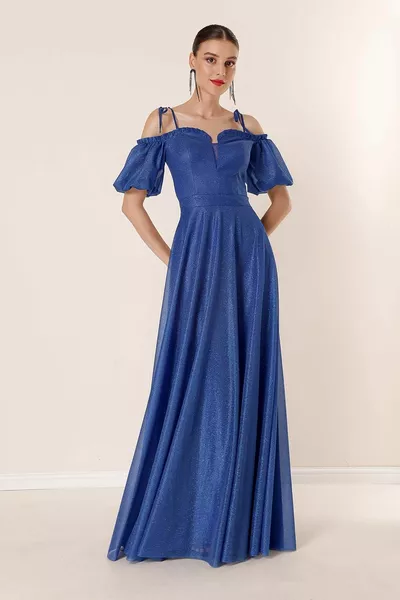 Плиссированный вырез Рукава от воздушных шаров на подкладке Длинное платье Сакс