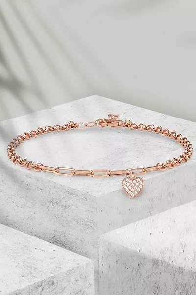 Rose Altın Kaplamalı Kalp Sallantılı Gümüş Bileklik