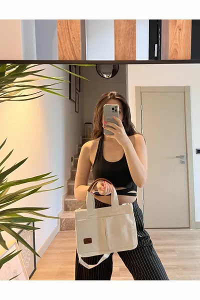 المرأة قماش قماش أبيض اللون اثنين من الجيوب الأمامية حمل حقيبة اليد وحقيبة الكتف