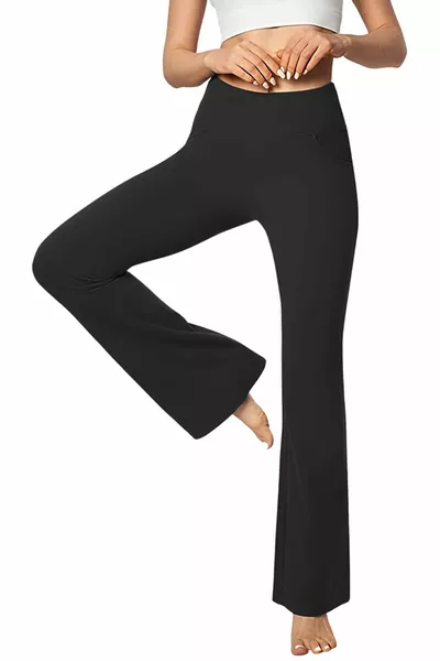 Дамска йога тренировка с висока талия с висока талия 4 джоба за опаковане на испански клин за крачоли панталони