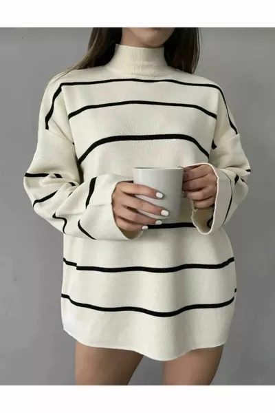 Damen Weißer Oversize-Pullover Gestreifter Pullover Halber Rollkragenpullover Strickwaren Winterpullover