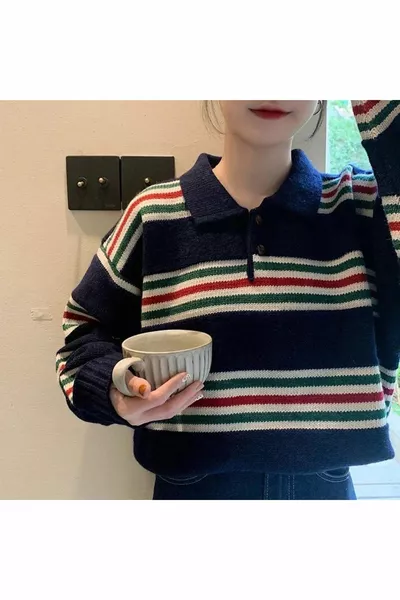 Striped Colorful Trend Button Detailed Polo Neck Women's Sweater