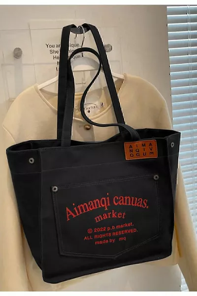 Canuas العضوية قماش قماش كبير حقيبة كتف سوداء مع جيوب حمل