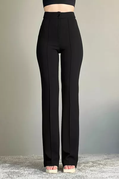Ellegant New Season Black High Waist Rib Stitching Gathering Palazzo Women's Pants