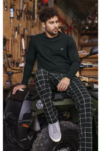 Мъжка памучна жакардова пижама с дълъг ръкав с шест карирани пижами 