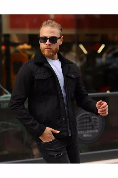 اللون الأسود داخل معطف الدنيم للرجال الفراء الأسود