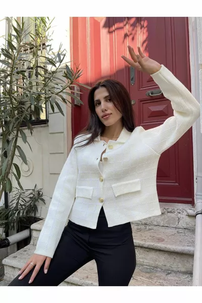 Dames Gouden Knoopzak Gedetailleerde Ecru Blazer/tweed Crop Caket Dames Vest