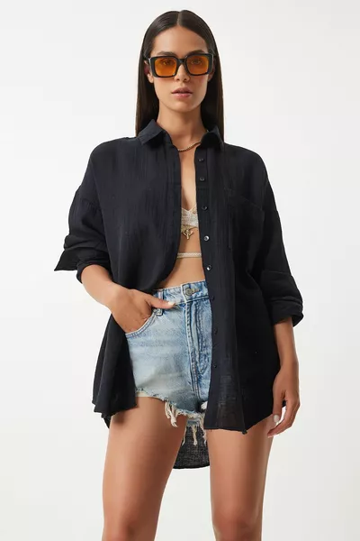 Oversize Basic Muslin Shirt Black 