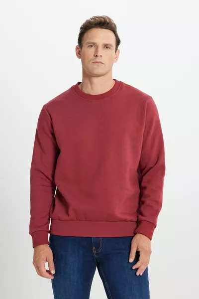 Men's Burgundy Standard Fit Normal Cut In-Fleece 3 Thread Crew Neck Cotton Sweatshirt