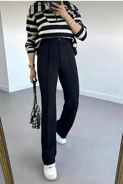 المرأة السوداء عالية الخصر الضلع السراويل مخيط