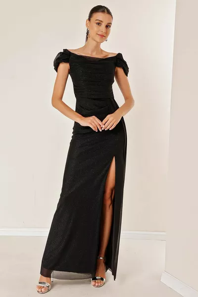 Glitter Long Dress with Drawstring Front Low Sleeve Liner Black
