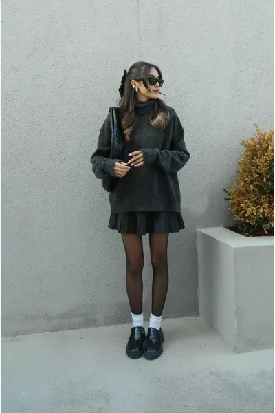 Anthracite plissé Mini jupe pêcheur pull bas haut tricot ensemble