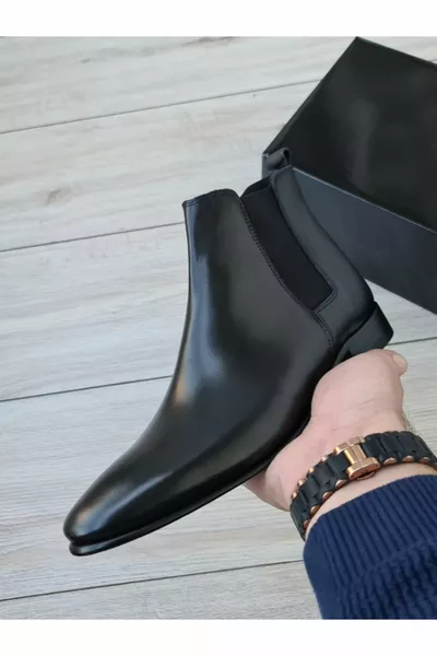 جلد طبيعي أسود تشيلسي إيطالي موديل كلاسيكي قطع أحذية رجالية