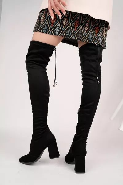 أسود من جلد الغزال الركبة عالية الكعب السميك بسحاب طويل المرأة تمتد الأحذية