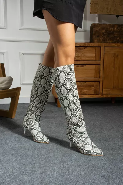 Lirvana Bottes Femme Snake Print Blanc/Noir Cuir