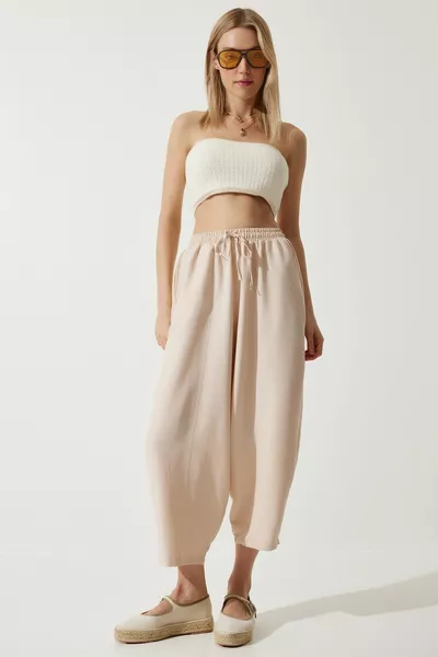 Pantalon ample en viscose et lin pour femme avec poches crème 