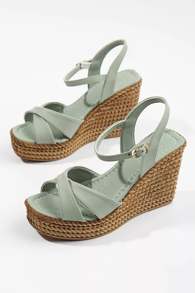 Women's Green Padded Heeled Cross Sandals  cm Summer