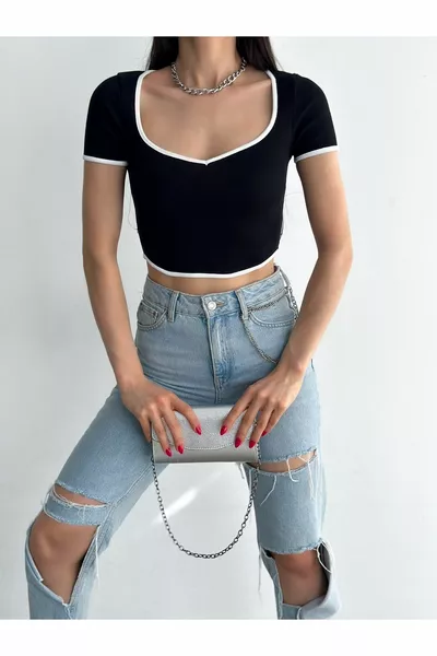 Черна яка сърце с къс ръкав кадифена дамска къса блуза