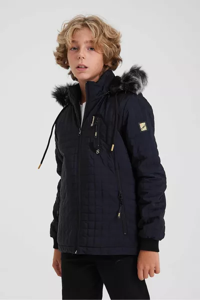 Темно-синий для мальчиков' Водный и ветрозащитный Съемный стеганый пальто с капюшоном и пальто