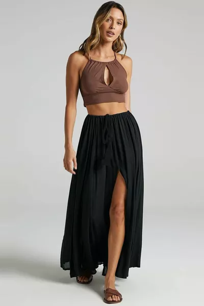 Черна еластична талия Дълга дамска пола 