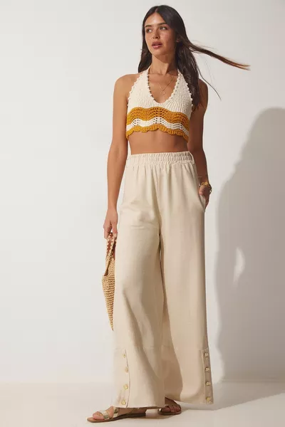 Pantalon Palazzo élégant en lin crème pour femmes avec bouton 