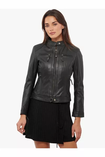 Manteau en cuir véritable noir pour femme