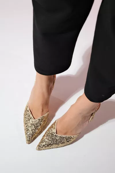 OVERAS Gold Sequined Pointed Toe Women's Thin Heeled Evening Dresses