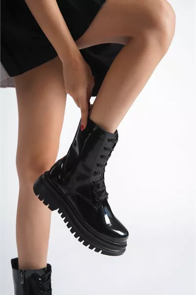 Stivali da donna in vernice nera con lacci con cerniera ortopedica postale