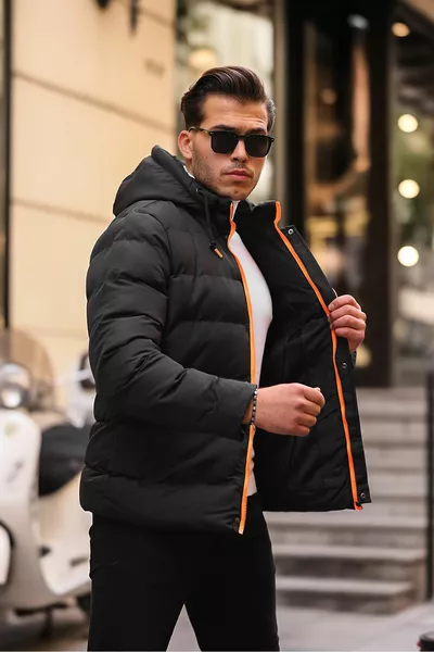 الماء والبرد دليل الشتاء هوديي البرتقالي التفاصيل الشتاء الأسود سترة الرجال البخاخ مع الصوف داخل