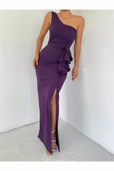 كتف واحد كشكش التفاصيل شق مساء اللباس