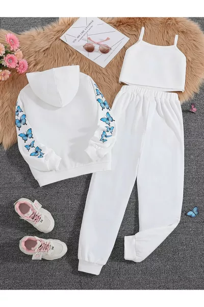 Детски комплект за момичета с цип, яке с принт на бели пеперуди, къса горна част и спортен екип