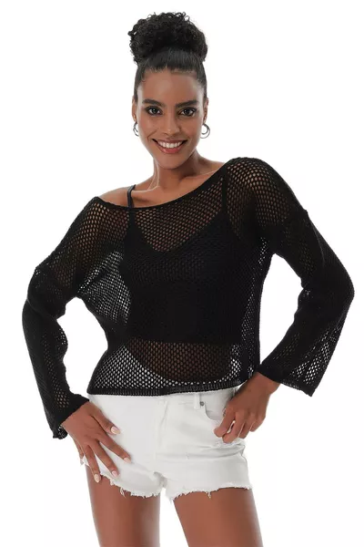 Женское болеро вязка из хлопка с узором сетки черное 
