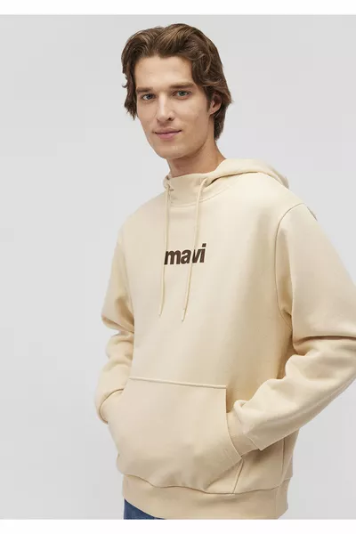 Beige Hoodie Sweatshirt with Logo Print 