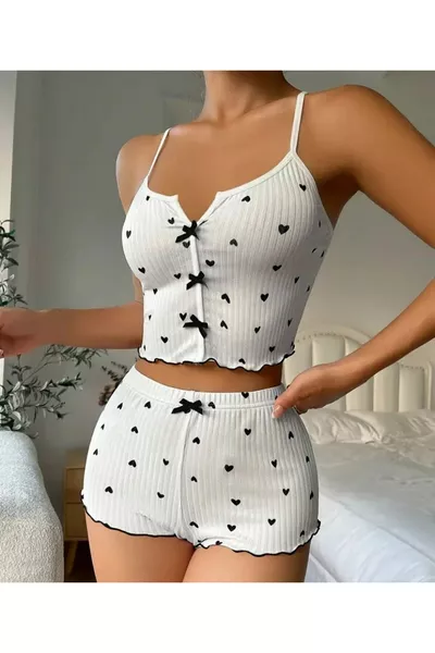 Set Pigiama Donna Bella con Top Bianco a Spalline e Pantaloncini a Fantasia