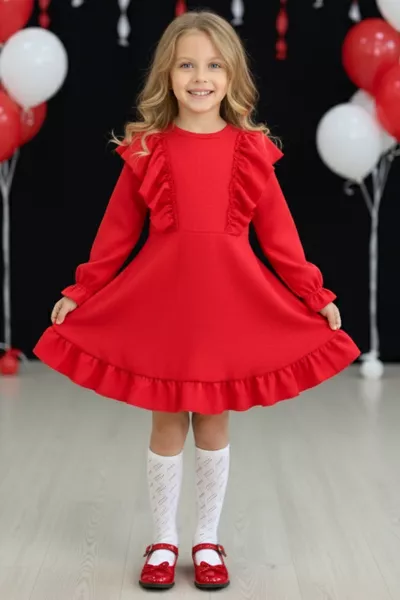 Kız Çocuk Catherine Kırmızı Fiyonklu Fırfırlı Uzun Kol Keten  Nisan  Ekim Gösteri Elbisesi