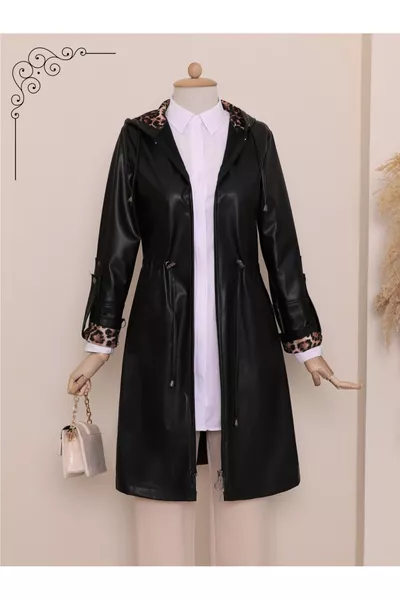Foldable Sleeve, Drawstring Waist Hooded Leather Coat - Black