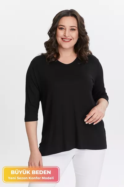 Plus Size New Season Side Slit Comfort Model Half Sleeve Comfortable Mother Cotton Tunic Blouse