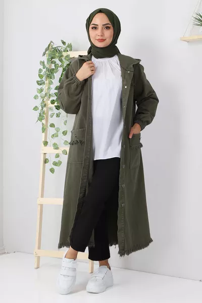 Fringed Long Denim Coat  Khaki