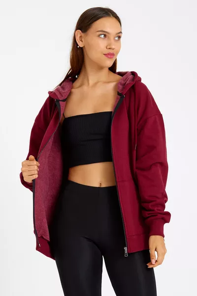 Gilet zippé à capuche pour femme avec poche kangourou en coton bordeaux