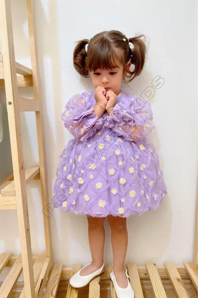 Lila Papatya Detaylı Uzun Kol Kız Bebek Elbise