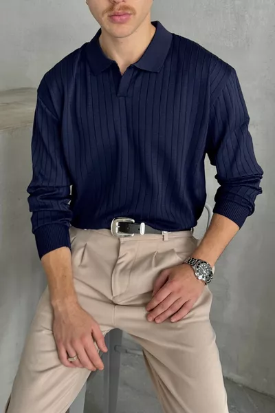 كنزة من صوف مضلع رجالي بقبة بولو وبحجم واسع