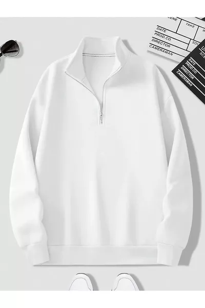 sweat-shirt oversize unisexe blanc à col montant zippé