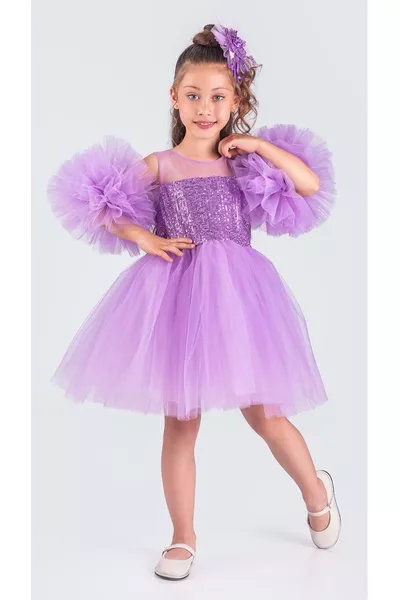 Şifon Robalı Ponpon Kol Pul Payetli Kız Çocuk Kabarık Etek Tütülü Abiye LİLA