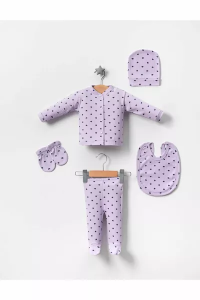 5-Piece Hospital Discharge Onesie Set for Newborns, Ribbed Lilac Fabric with Navy Hearts