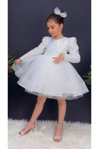 Robe Tutu pour Fille à Jupe Gren avec Sequins et Manches Longues  BLANC